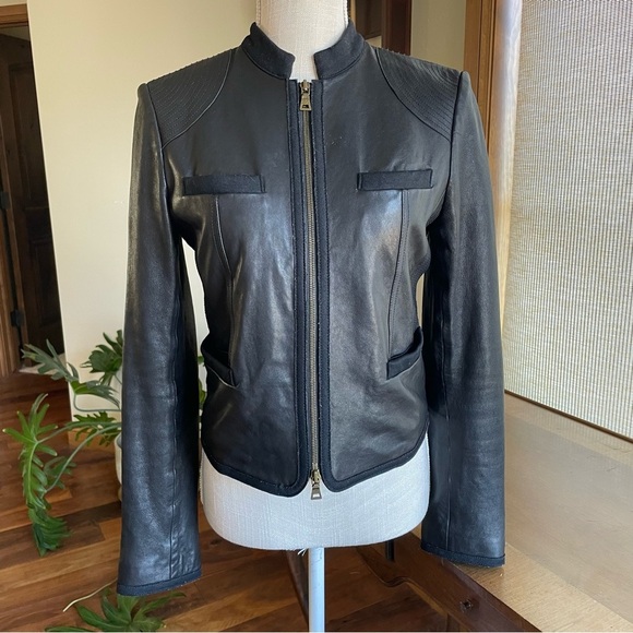 Diane Von Furstenberg DVF Black Leather Moto Lady Jacket Zip Front Round Collar - Picture 1 of 14
